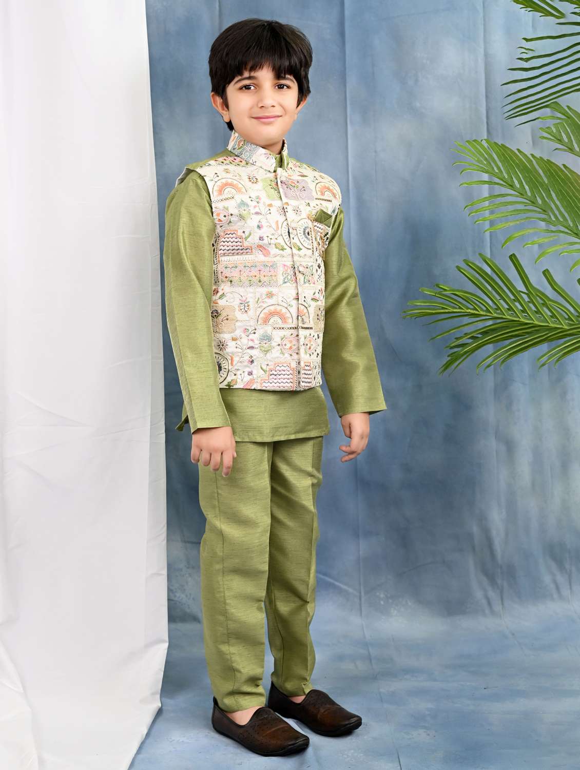 boys solid kurta pyjama with embroidered nehru jacket - 21942052 -  Standard Image - 2