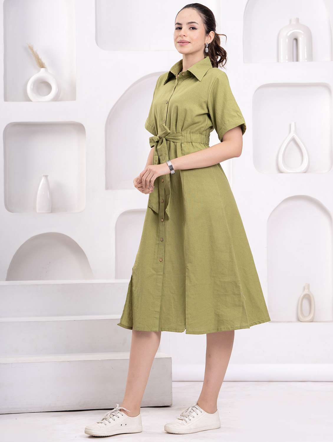 women solid collared short sleeve shirt dress - 21942095 - Standard Image - 2