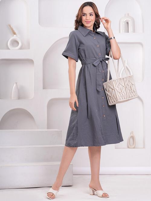 women solid collared short sleeve shirt dress - 21942096 - Standard Image - 0
