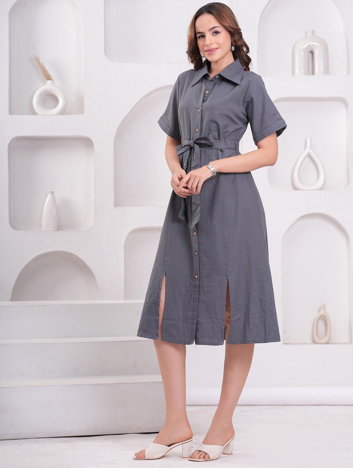 women solid collared short sleeve shirt dress - 21942096 - Standard Image - 2