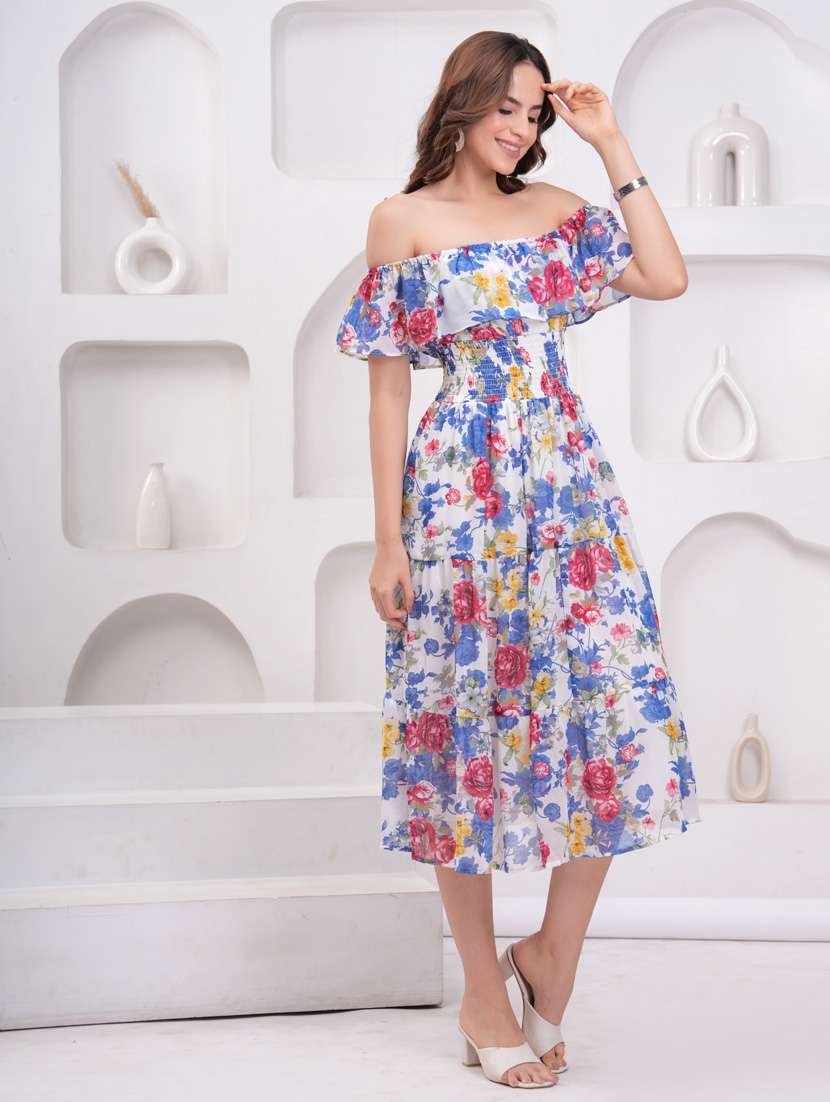 women floral print off shoulder tiered dress