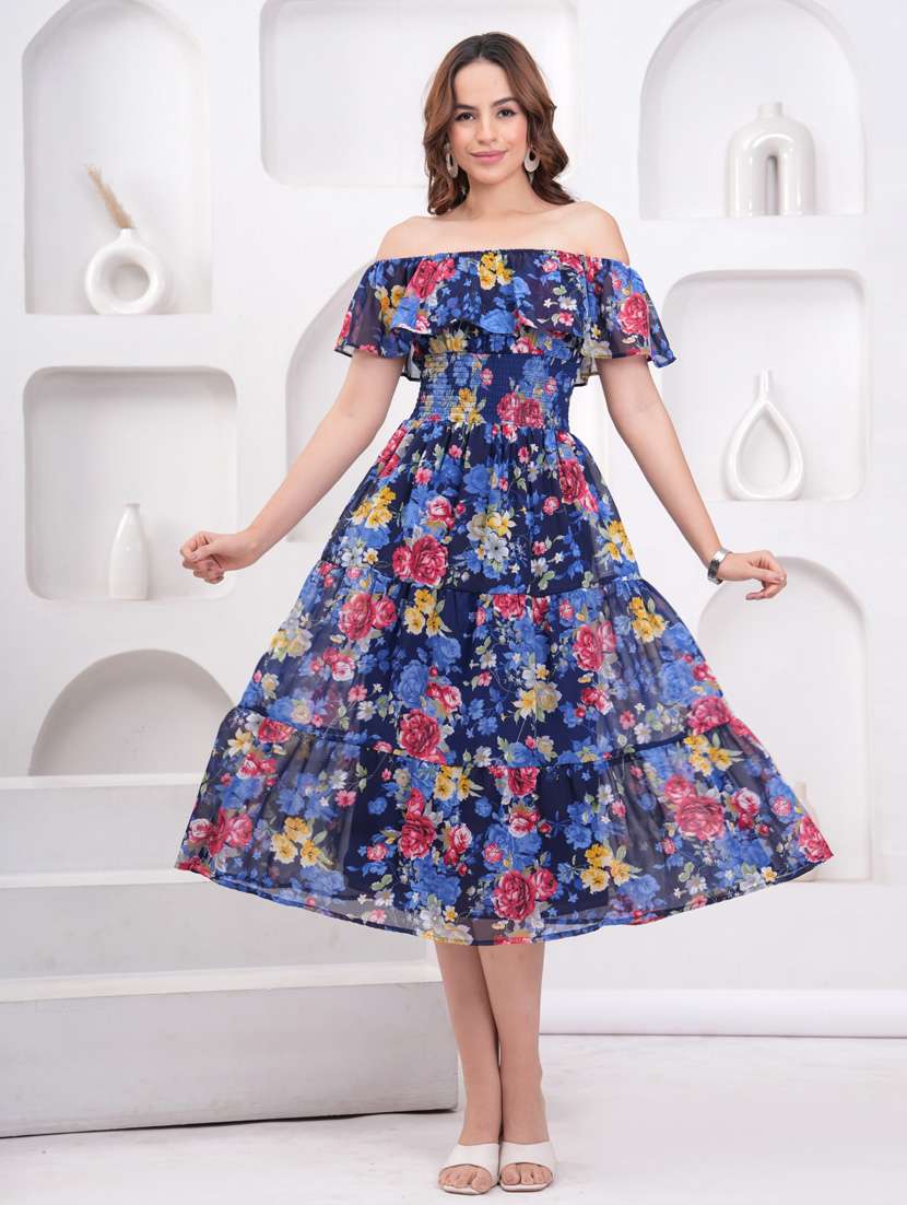 women floral print off shoulder tiered dress