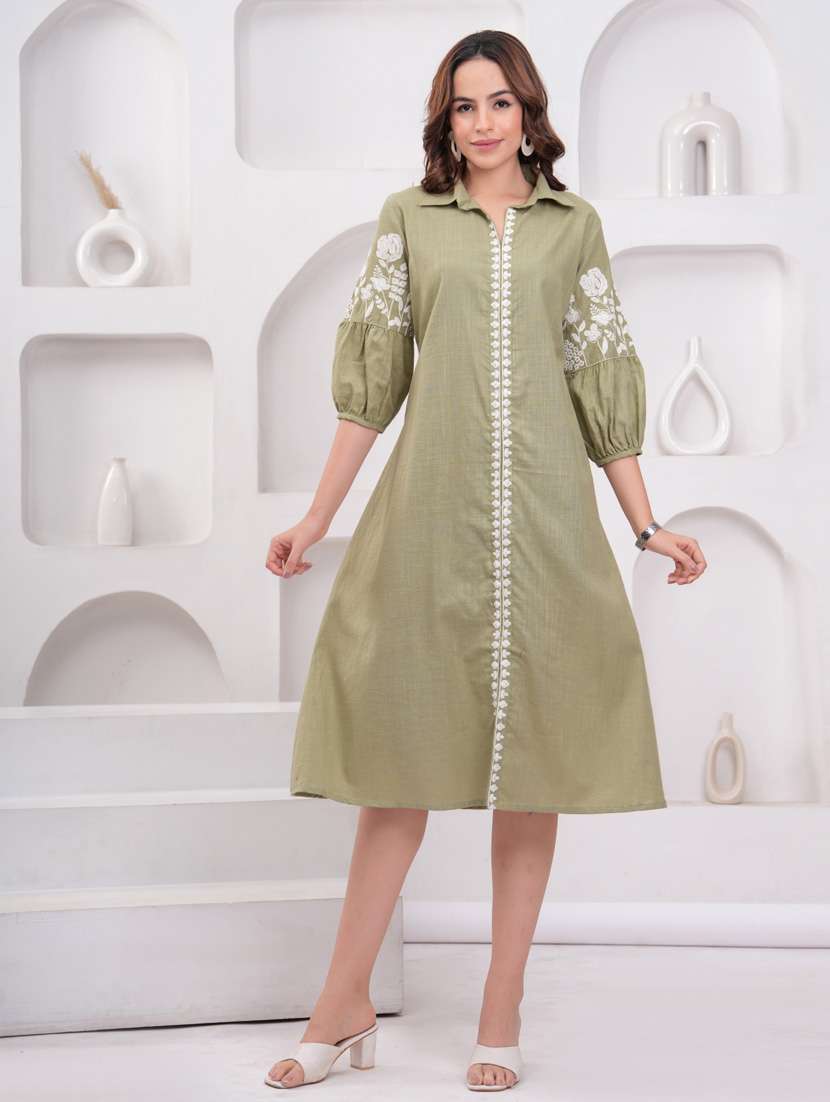 women embroidered puff sleeve a-line dress