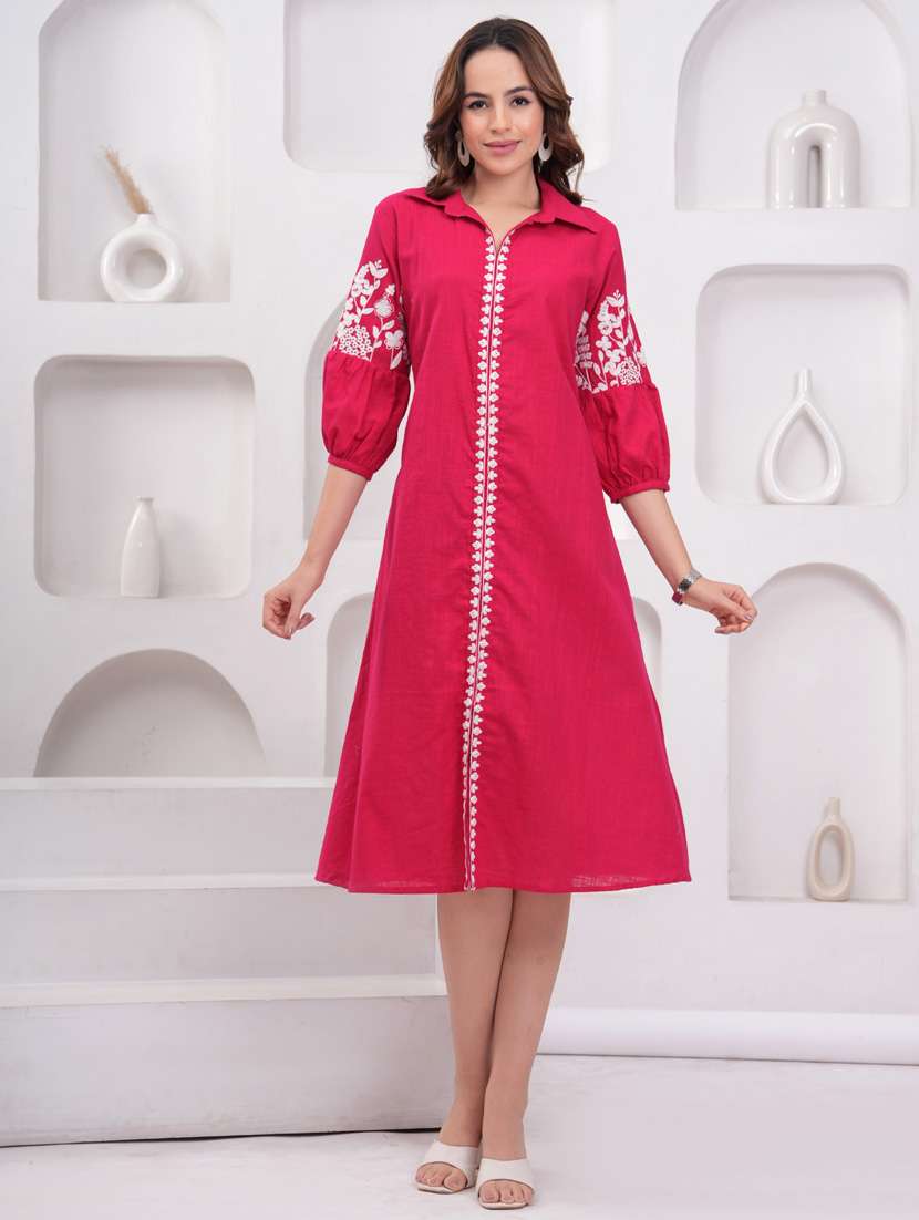 women embroidered puff sleeve a-line dress