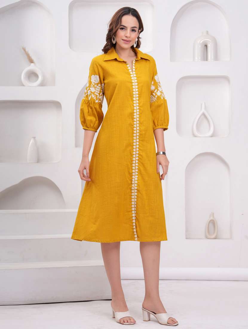 women embroidered puff sleeve a-line dress