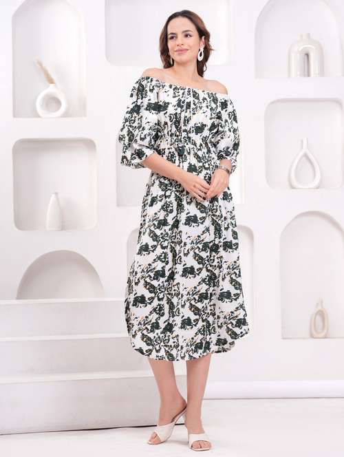 women printed off shoulder a-line dress - 21942134 -  Standard Image - 0