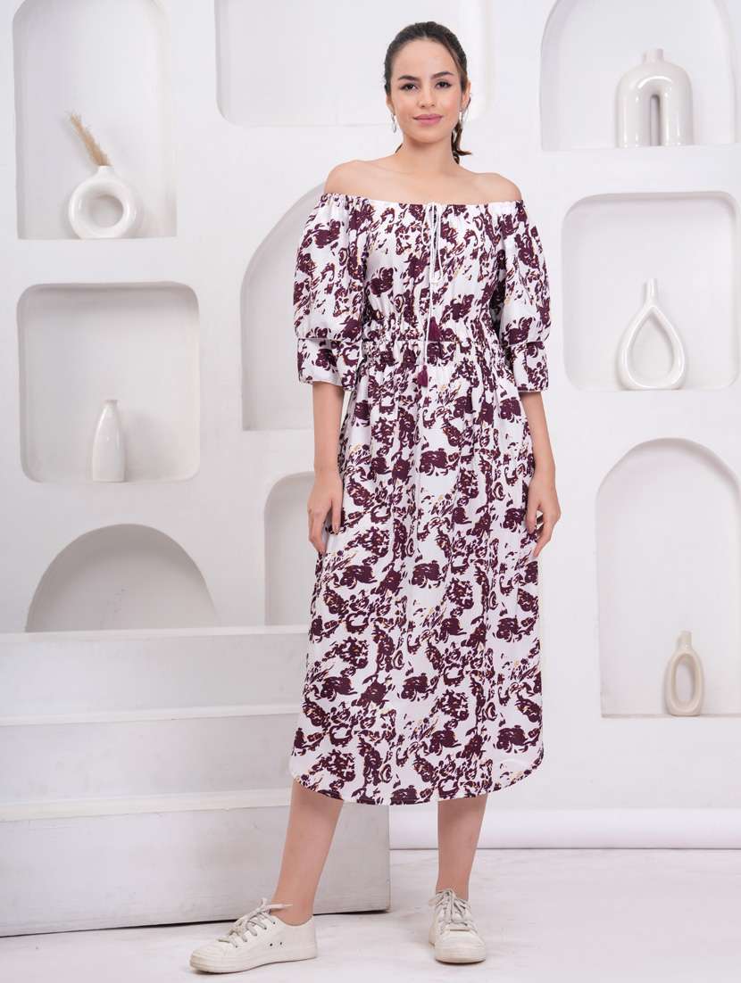 women printed off shoulder a-line dress