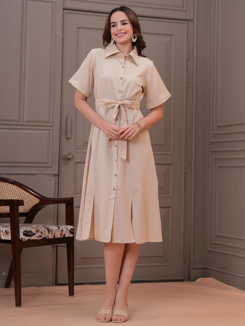 women solid collared short sleeve shirt dress