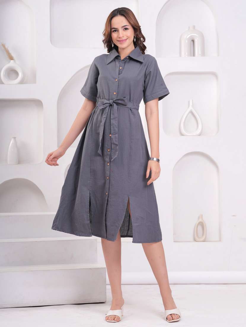 women solid collared short sleeve shirt dress