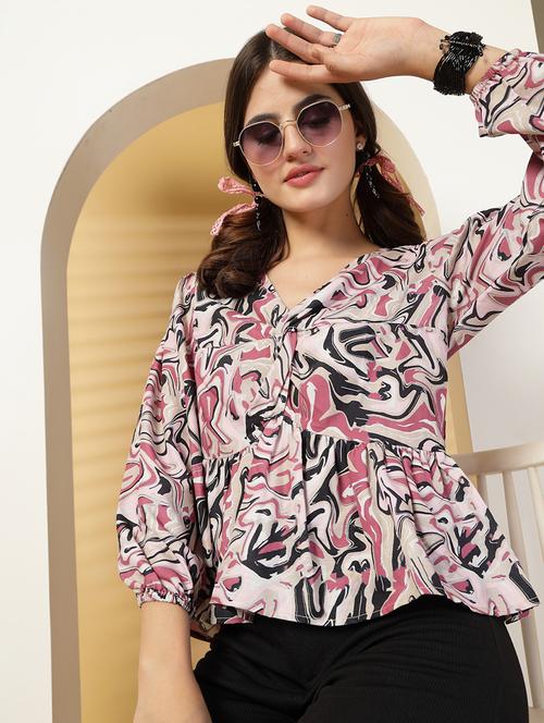 women printed puff sleeve peplum top - 21942203 - Standard Image - 0