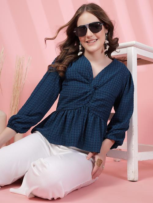 women checkered puff sleeve peplum top - 21942207 -  Standard Image - 0