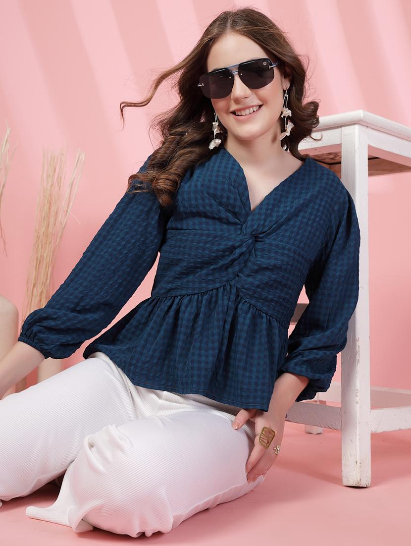 women checkered puff sleeve peplum top - 21942207 -  Zoom Image - 0