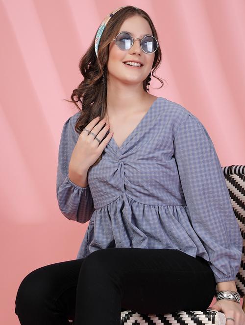 women checkered puff sleeve peplum top - 21942208 - Standard Image - 0