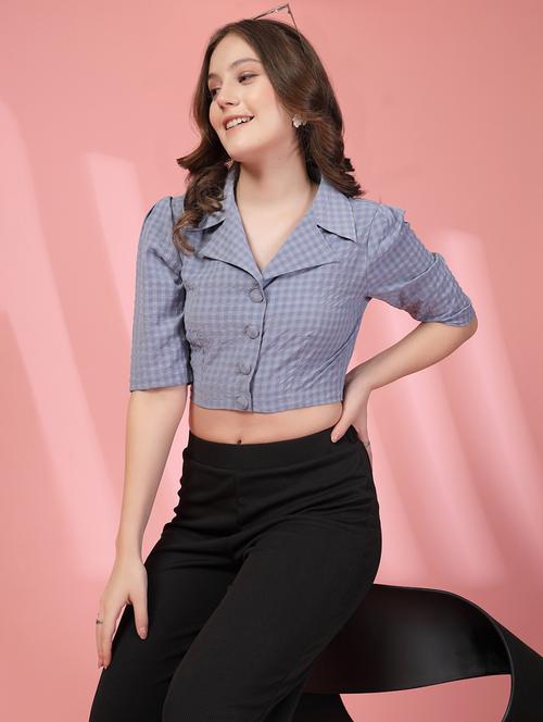 women checkered lapel neck crop shirt top - 21942224 - Standard Image - 0