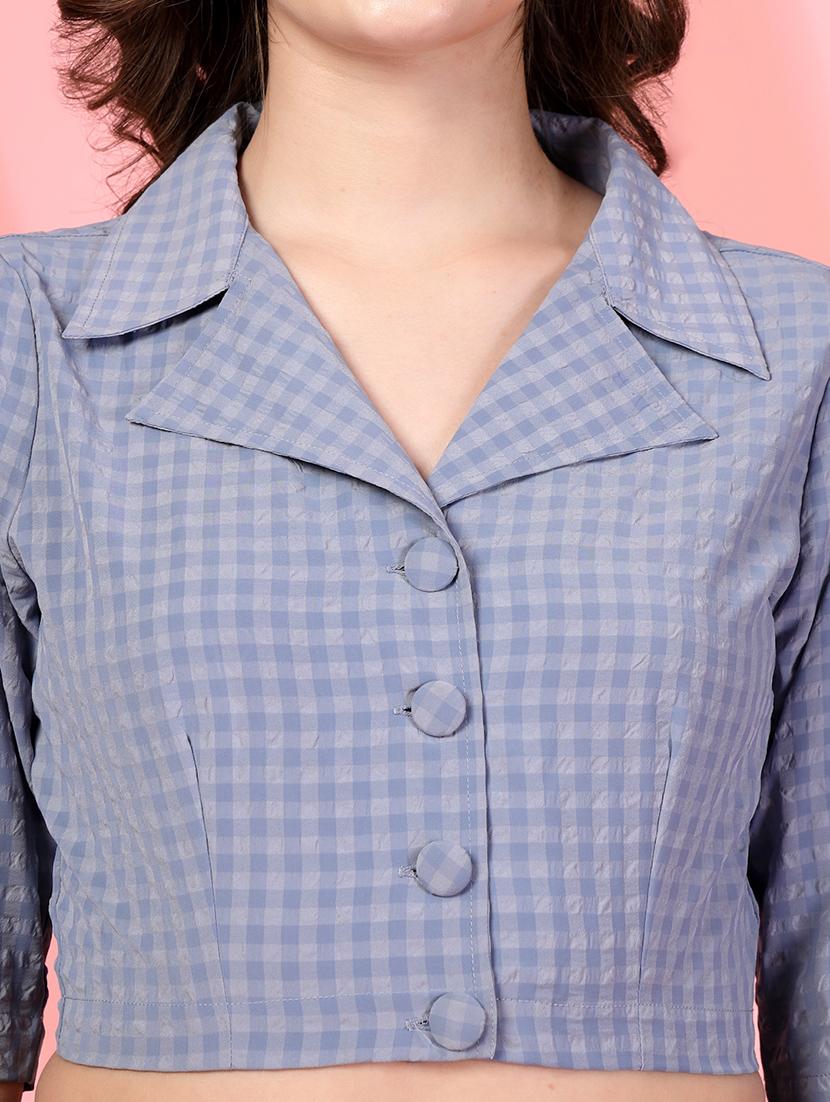 women checkered lapel neck crop shirt top - 21942224 - Standard Image - 2