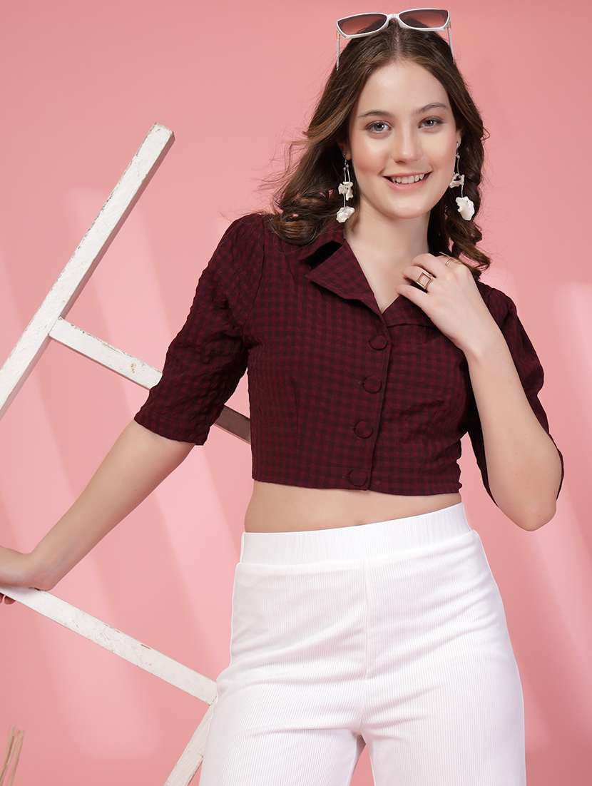 women checkered lapel neck crop shirt top