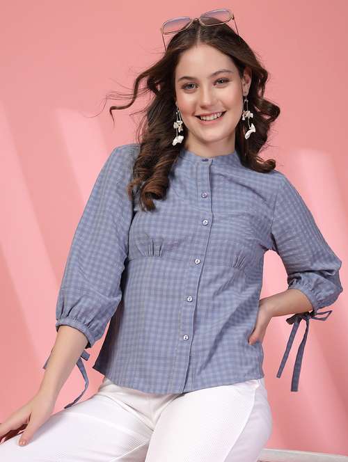 women checkered mandarin collar puff sleeve shirt - 21942239 - Standard Image - 0