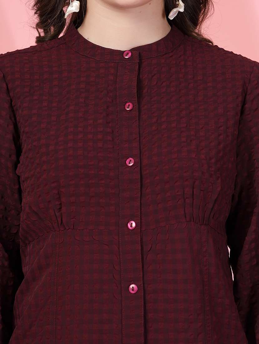 women checkered mandarin collar puff sleeve shirt - 21942240 - Standard Image - 2