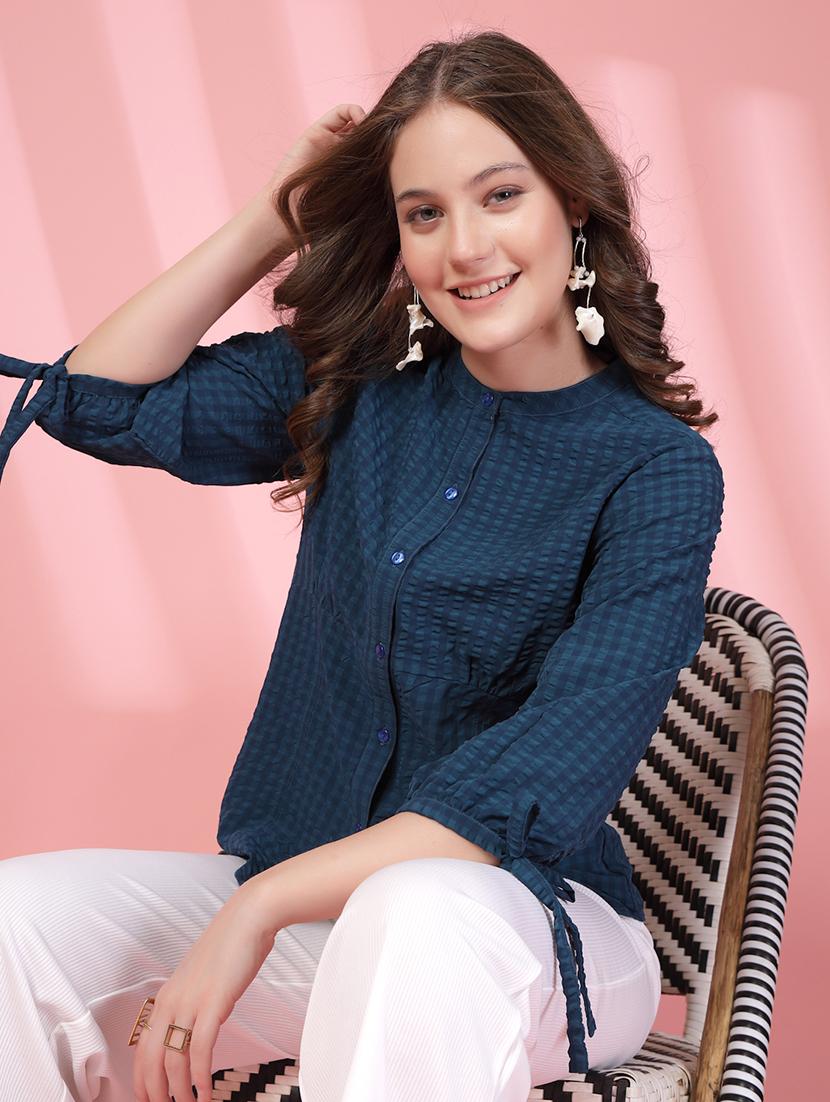 women checkered mandarin collar puff sleeve shirt - 21942241 - Zoom Image - 0