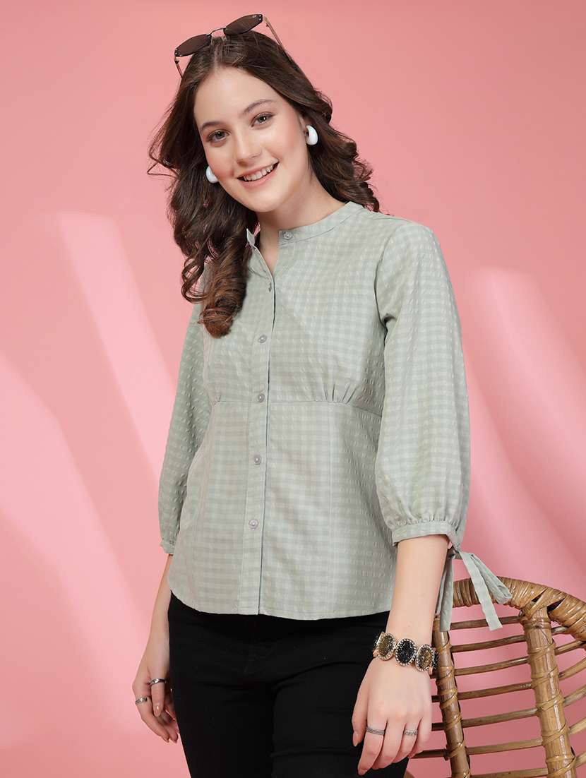 women checkered mandarin collar puff sleeve shirt