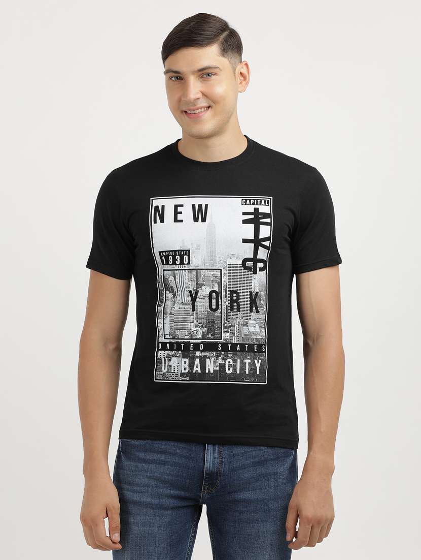 men front print round neck regular fit t-shirt
