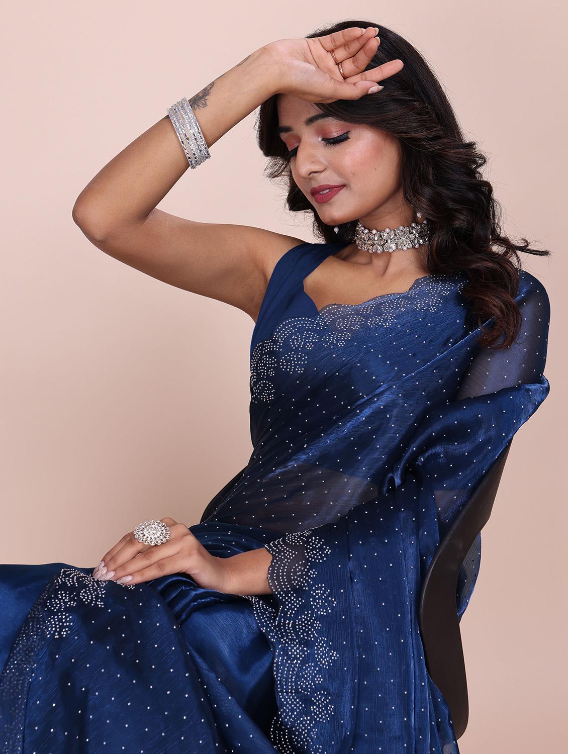 women solid with work embellished saree with blouse - 21943079 - Standard Image - 2