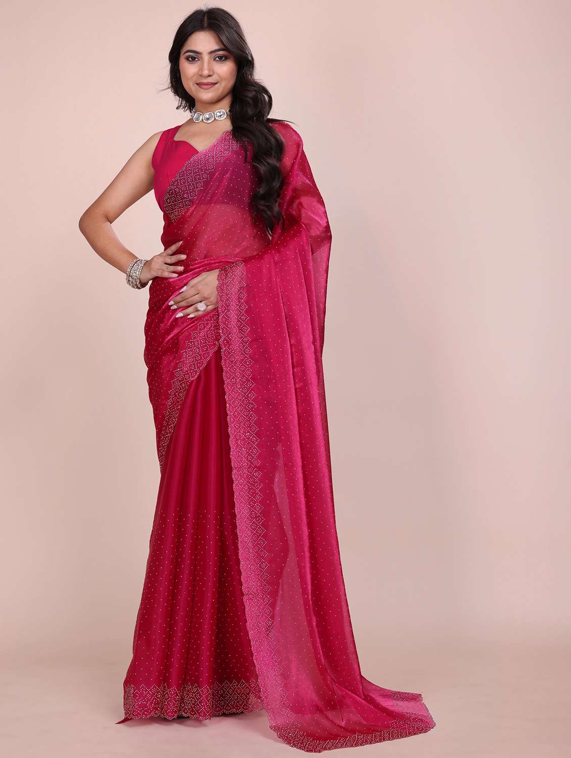 women solid with work embellished saree with blouse
