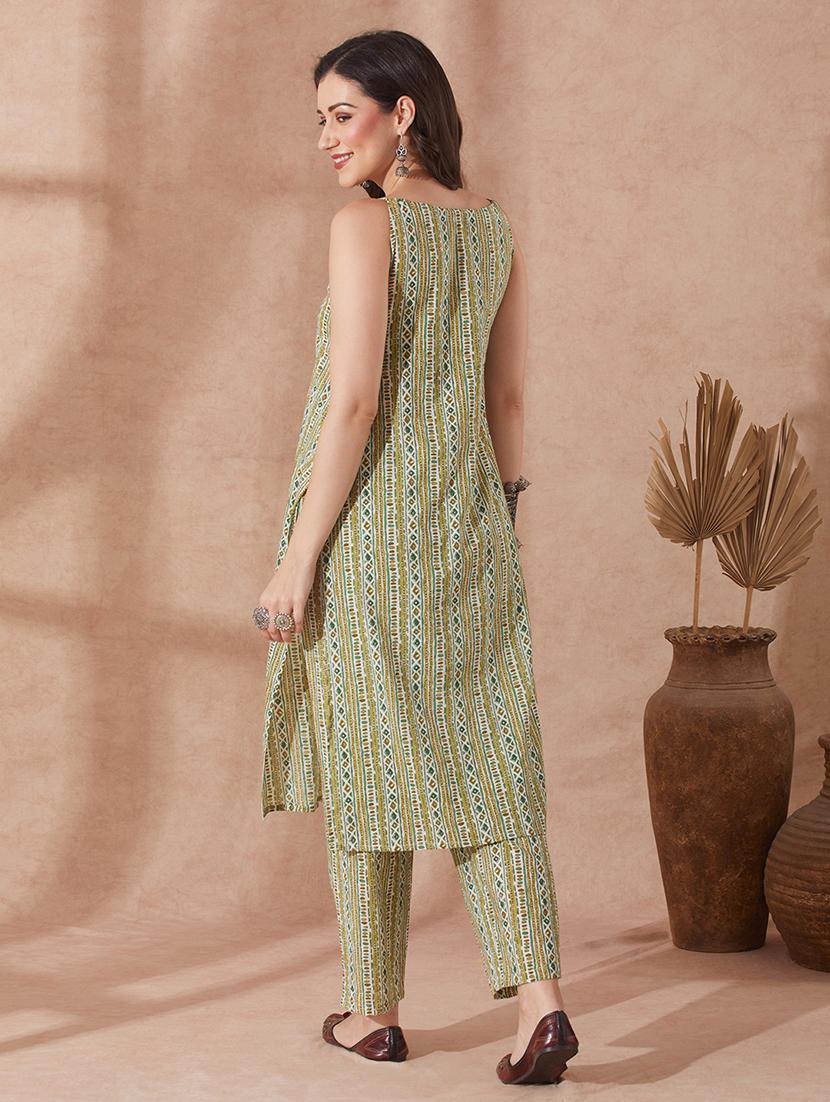 globus women green round neck tie up tassel detailing strappy sleeves ethnic motifs straight kurta with trouser set - 21943114 - Standard Image - 2