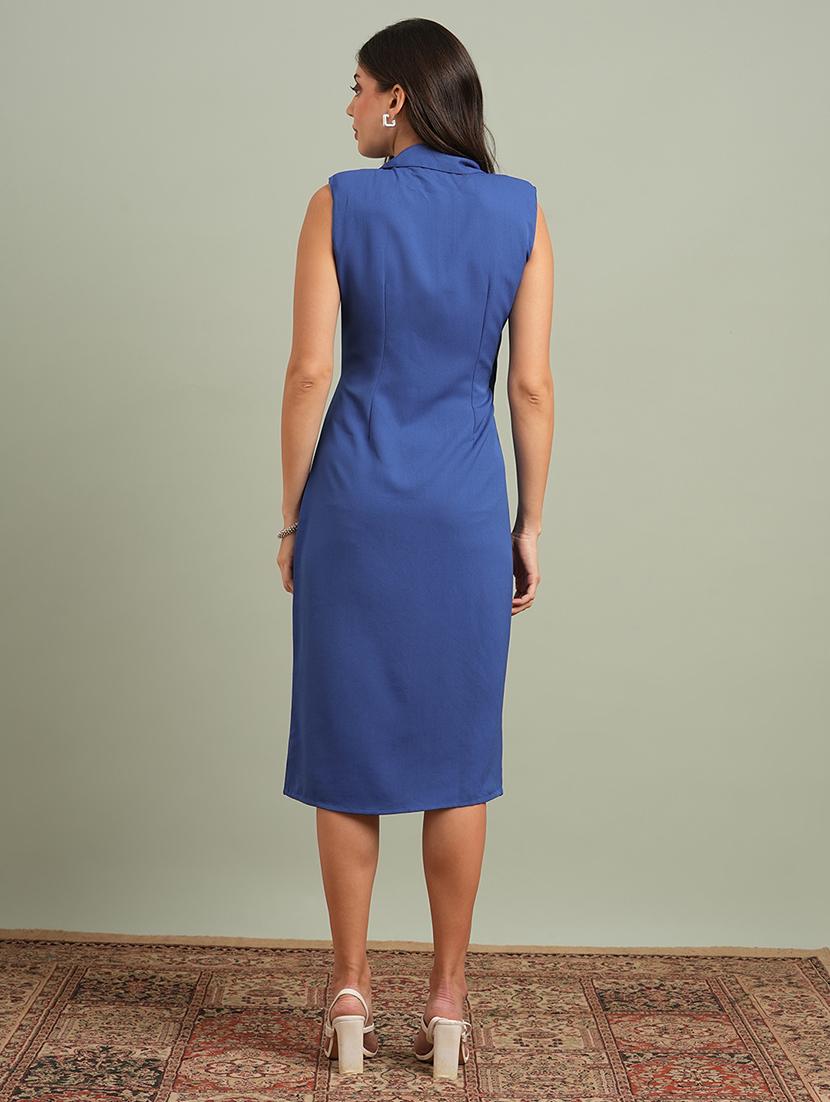 globus women blue notch lapel solid pleated detail workwear blazer dress - 21943116 - Standard Image - 2