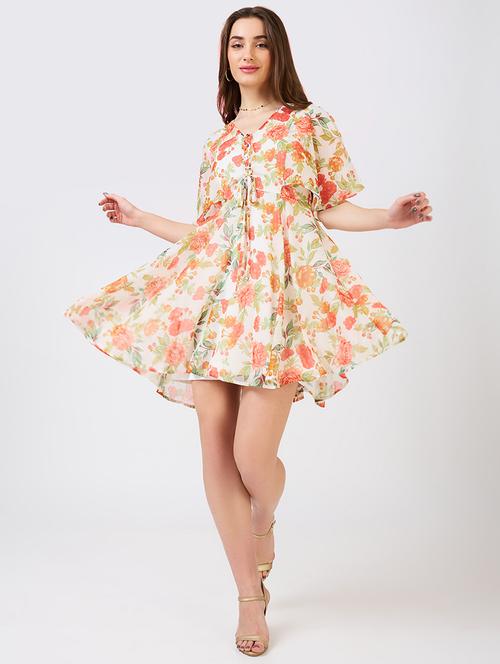 globus women white v-neck flared sleeves floral print tie-up detail mini a-line dress - 21943118 - Standard Image - 0