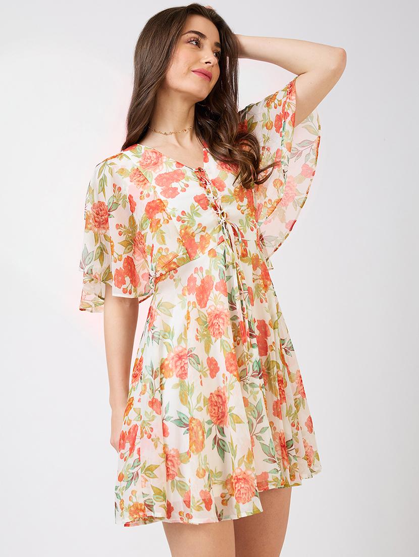 globus women white v-neck flared sleeves floral print tie-up detail mini a-line dress - 21943118 - Standard Image - 2