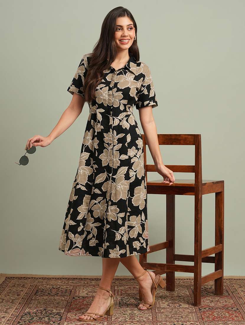 globus women black collared neck short sleeves floral print midi workwear shirt dress