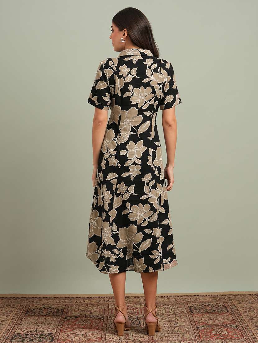 globus women black collared neck short sleeves floral print midi workwear shirt dress - 21943120 -  Standard Image - 2