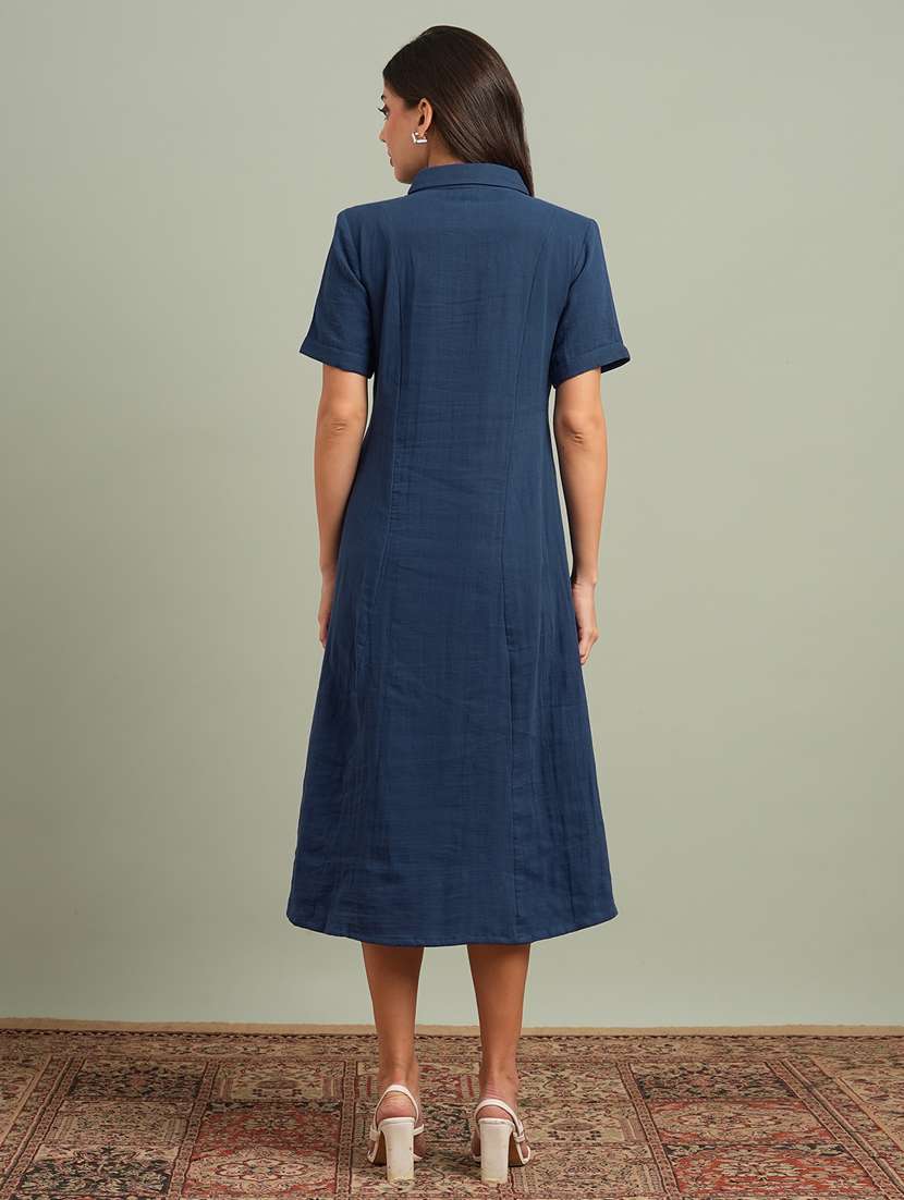 globus women blue collared neck short sleeves solid midi workwear shirt dress - 21943121 -  Standard Image - 2