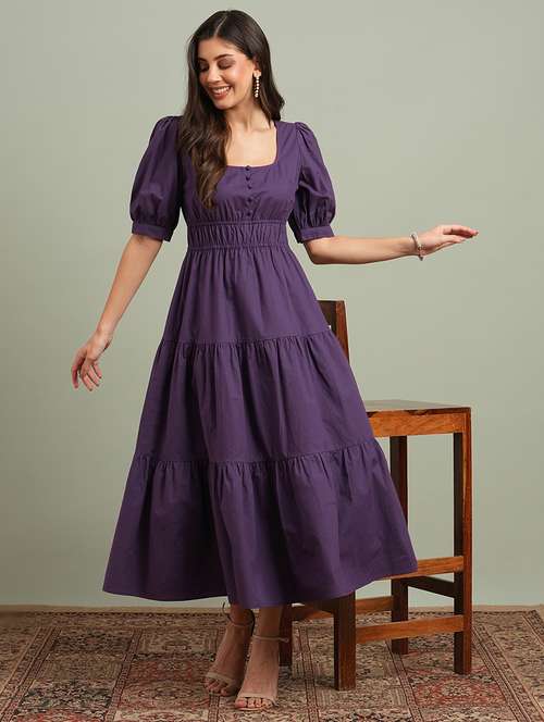 globus women mauve square neck puff sleeves solid tiered maxi resort dress - 21943122 -  Standard Image - 0