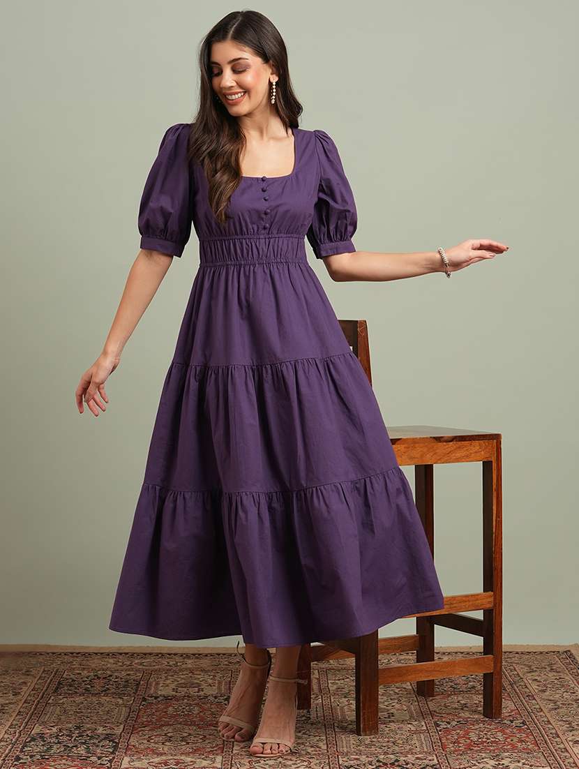 globus women mauve square neck puff sleeves solid tiered maxi resort dress