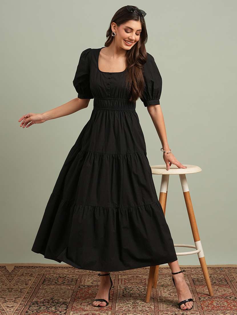 globus women black square neck puff sleeves solid tiered maxi resort dress