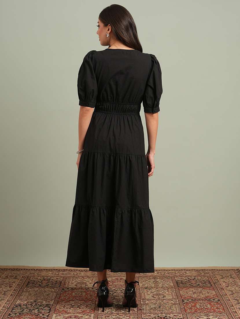 globus women black square neck puff sleeves solid tiered maxi resort dress - 21943123 - Standard Image - 2