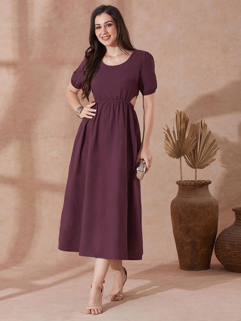 globus women burgundy round neck puff sleeves solid cut out detail a-line midi resort dress