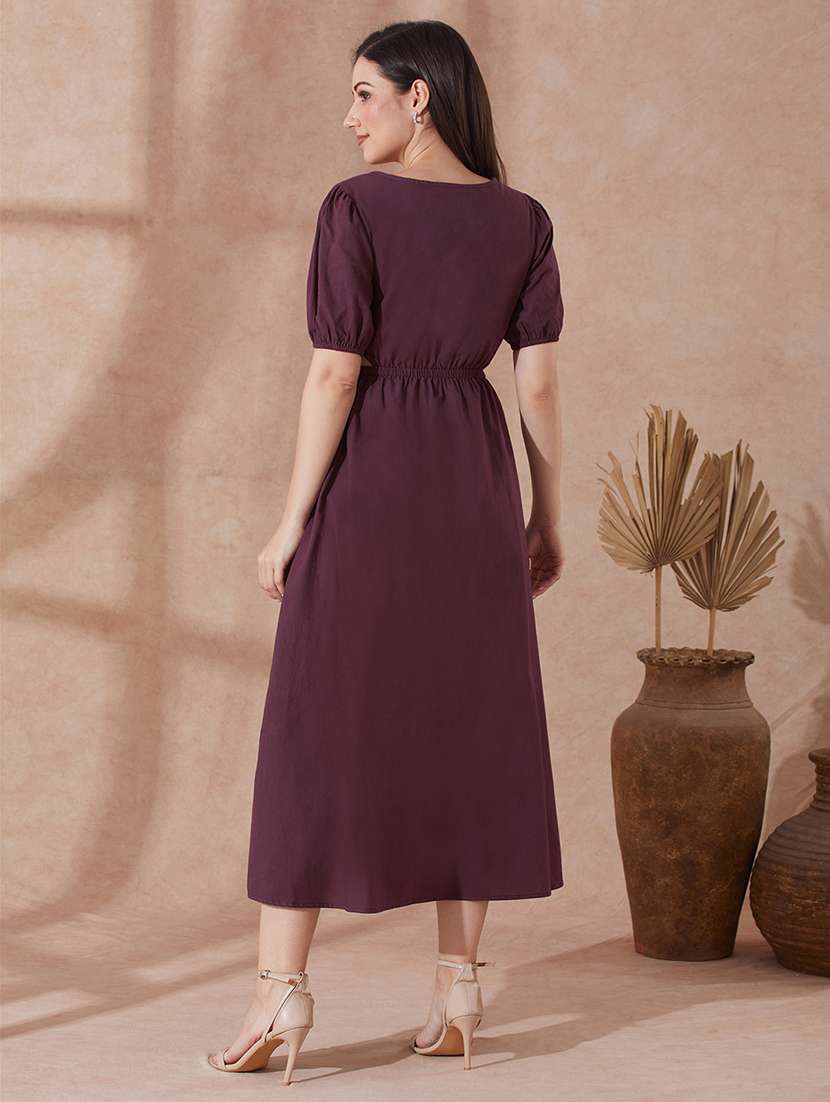 globus women burgundy round neck puff sleeves solid cut out detail a-line midi resort dress - 21943124 - Standard Image - 2