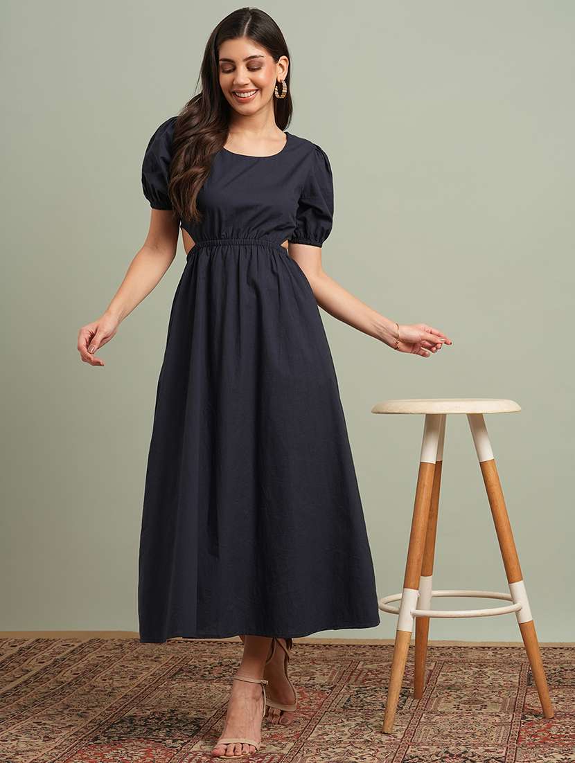 globus women navy blue round neck puff sleeves solid cut out detail a-line midi resort dress