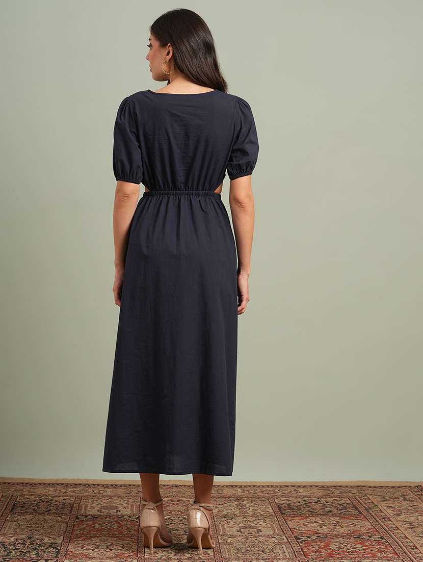 globus women navy blue round neck puff sleeves solid cut out detail a-line midi resort dress - 21943125 -  Standard Image - 2