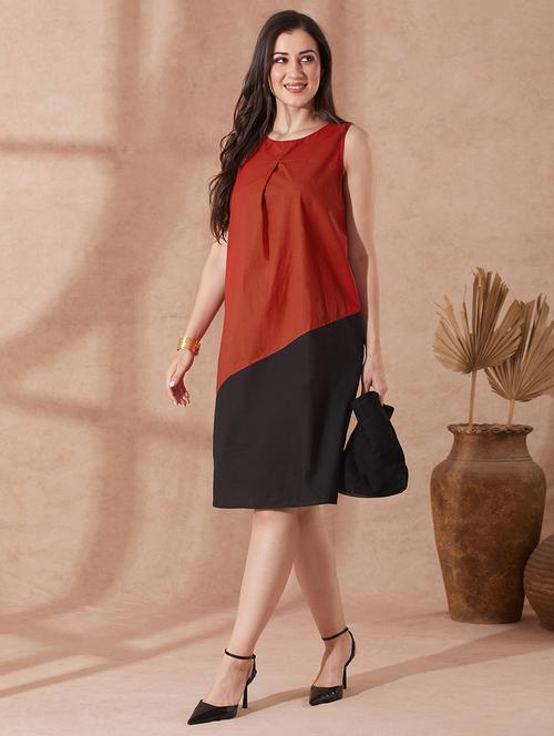 globus women red round neck colourblocked a-line knee length dress - 21943126 -  Standard Image - 0