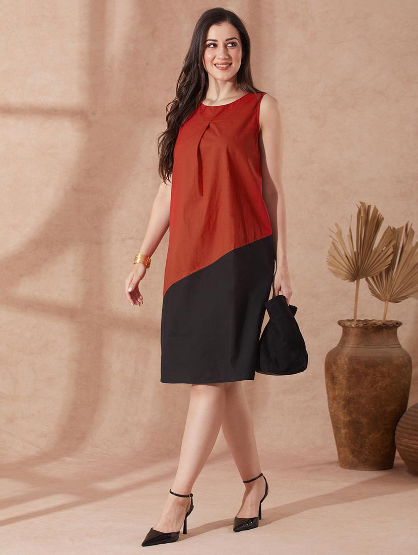 globus women red round neck colourblocked a-line knee length dress - 21943126 -  Zoom Image - 0