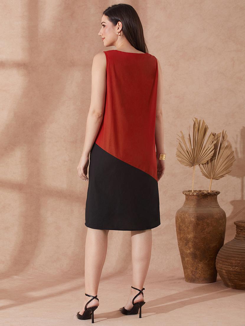 globus women red round neck colourblocked a-line knee length dress - 21943126 - Standard Image - 2