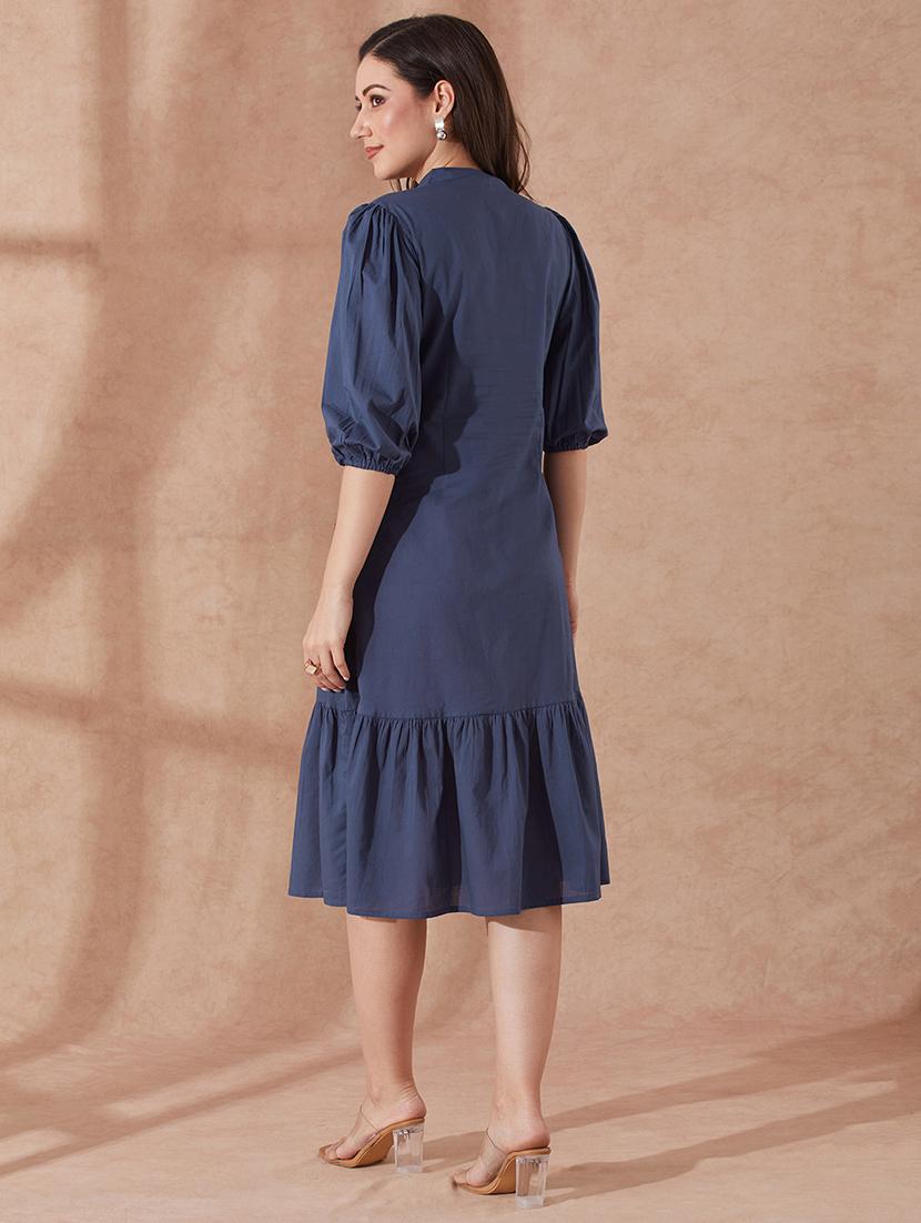 globus women blue round neck puff sleeves floral embroidered tiered dress - 21943128 - Standard Image - 2