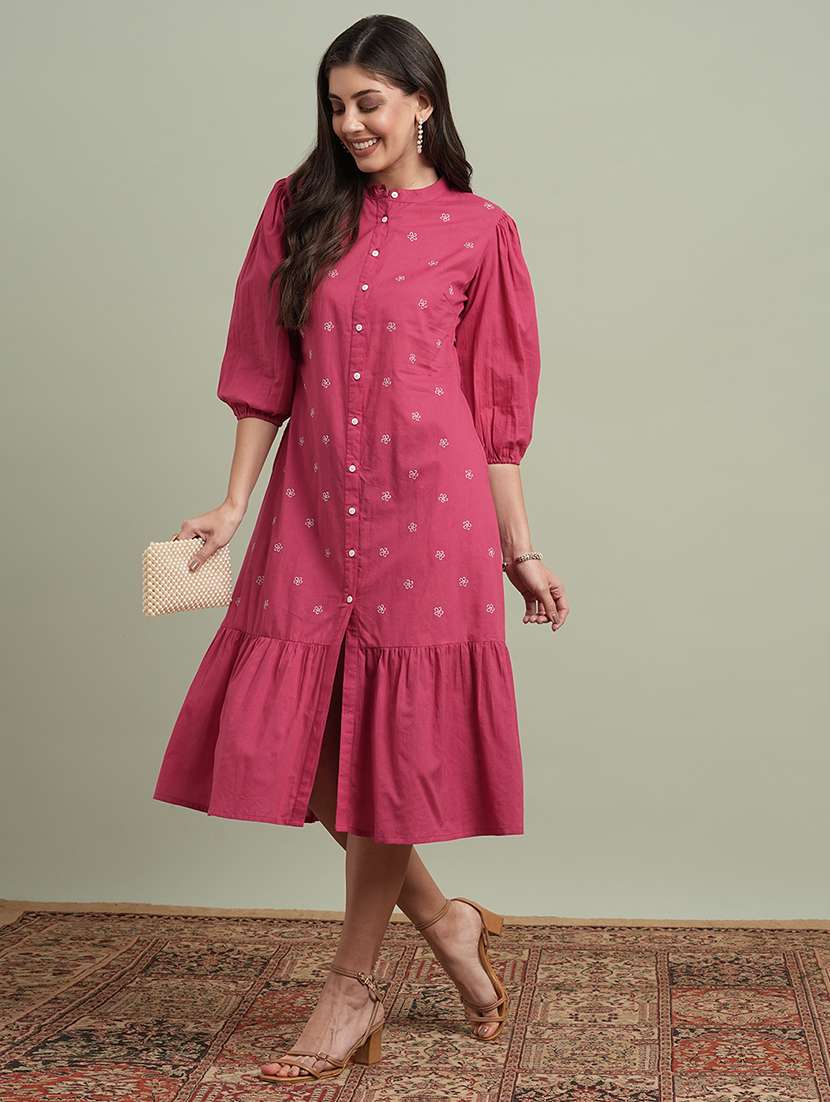 globus women blue round neck puff sleeves floral embroidered tiered dress