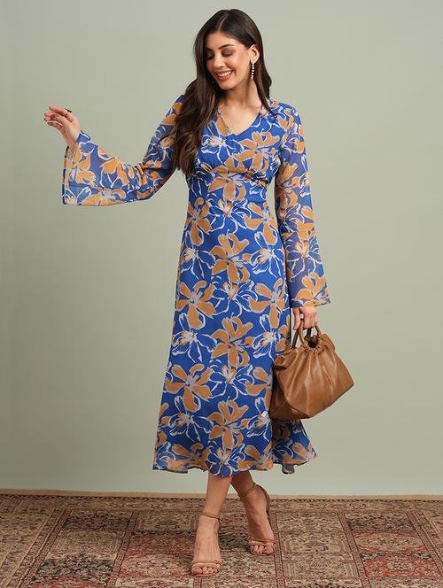 globus women blue floral printed v-neck bell sleeves flared hem gathered a-line maxi dress - 21943131 -  Standard Image - 0