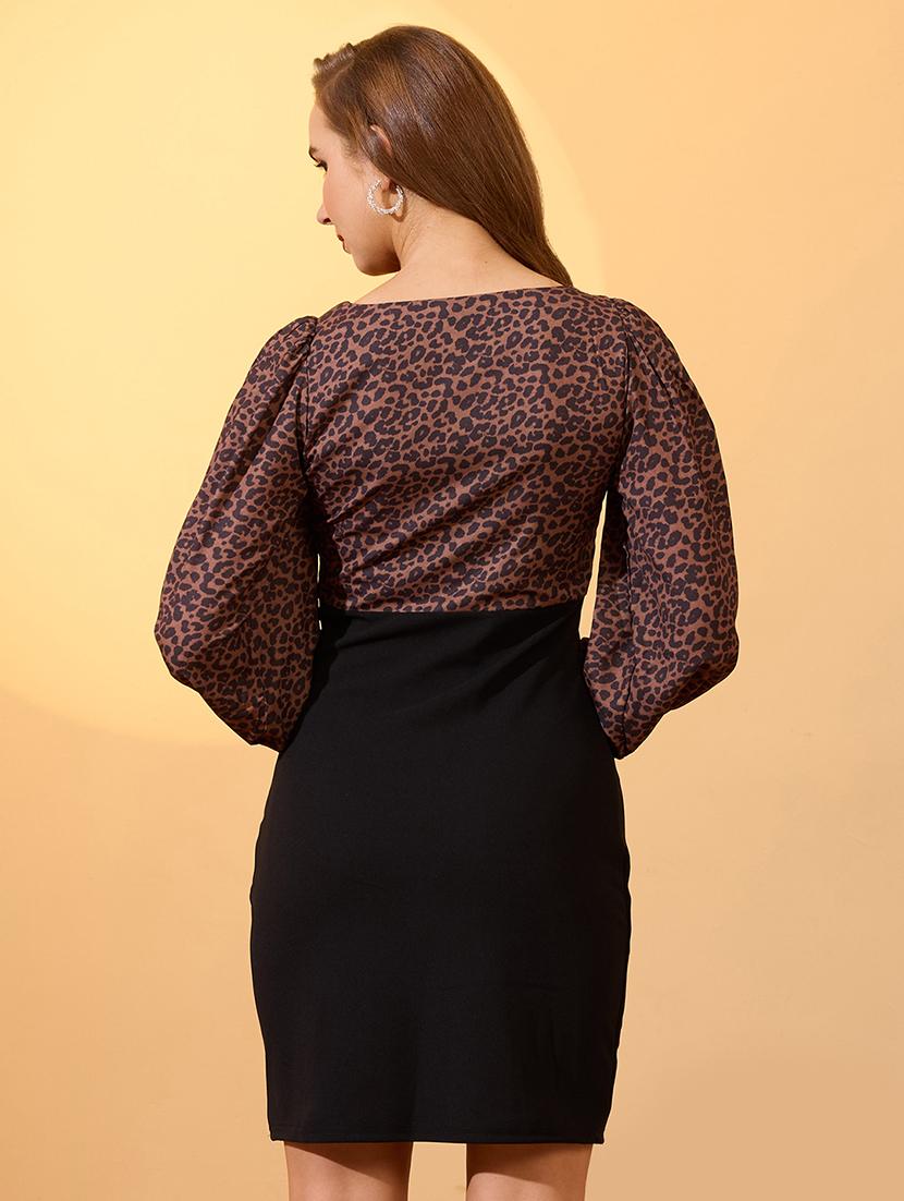 globus women brown sweetheart neck bishop sleeves animal print ruched detail mini bodycon dress - 21943135 - Standard Image - 2