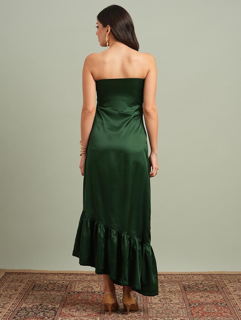 globus women green off-shoulder solid pleated & ruffle detail satin tiered maxi party dress - 21943136 - Standard Image - 2